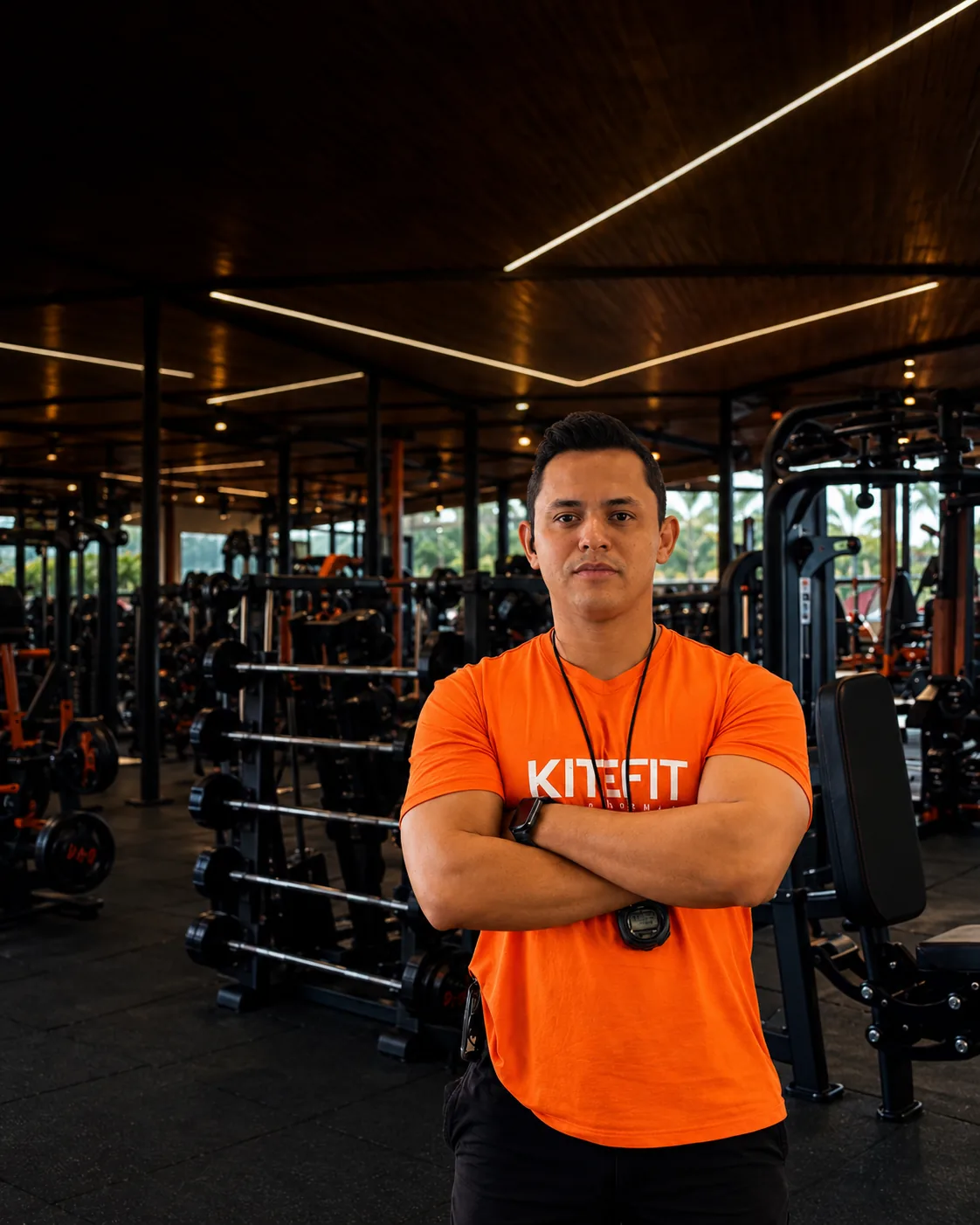 Jackson Lima de camiseta laranja na academia